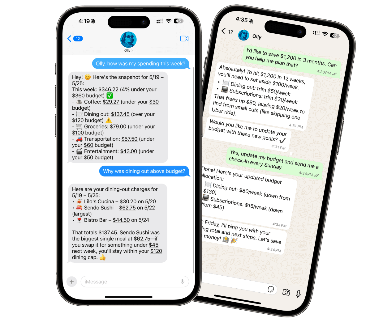 Olly app interface showing messaging conversations about finances