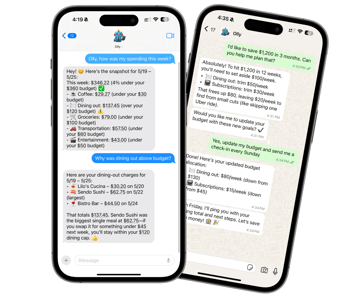 Olly app interface showing messaging conversations about finances